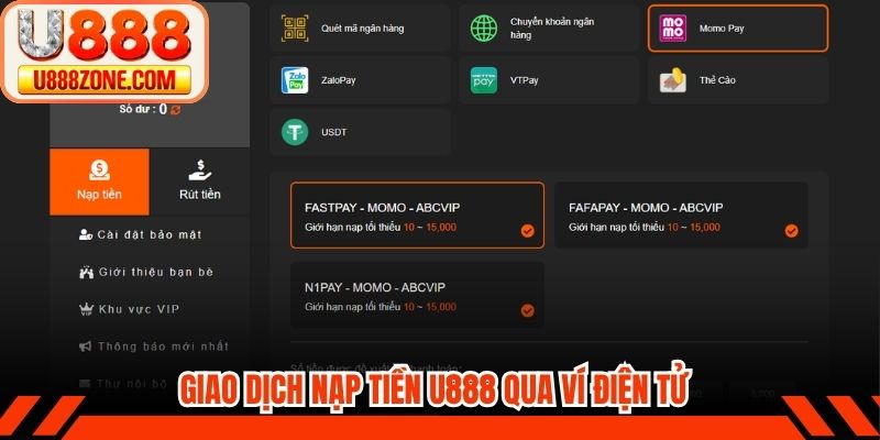 Giao dịch nạp tiền U888 qua ví điện tử